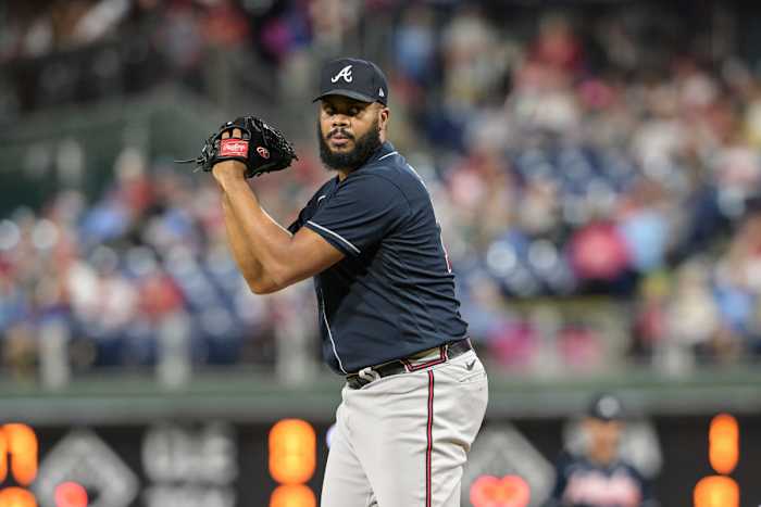 Atlanta closer Kenley Jansen stares at the plate. (2022)